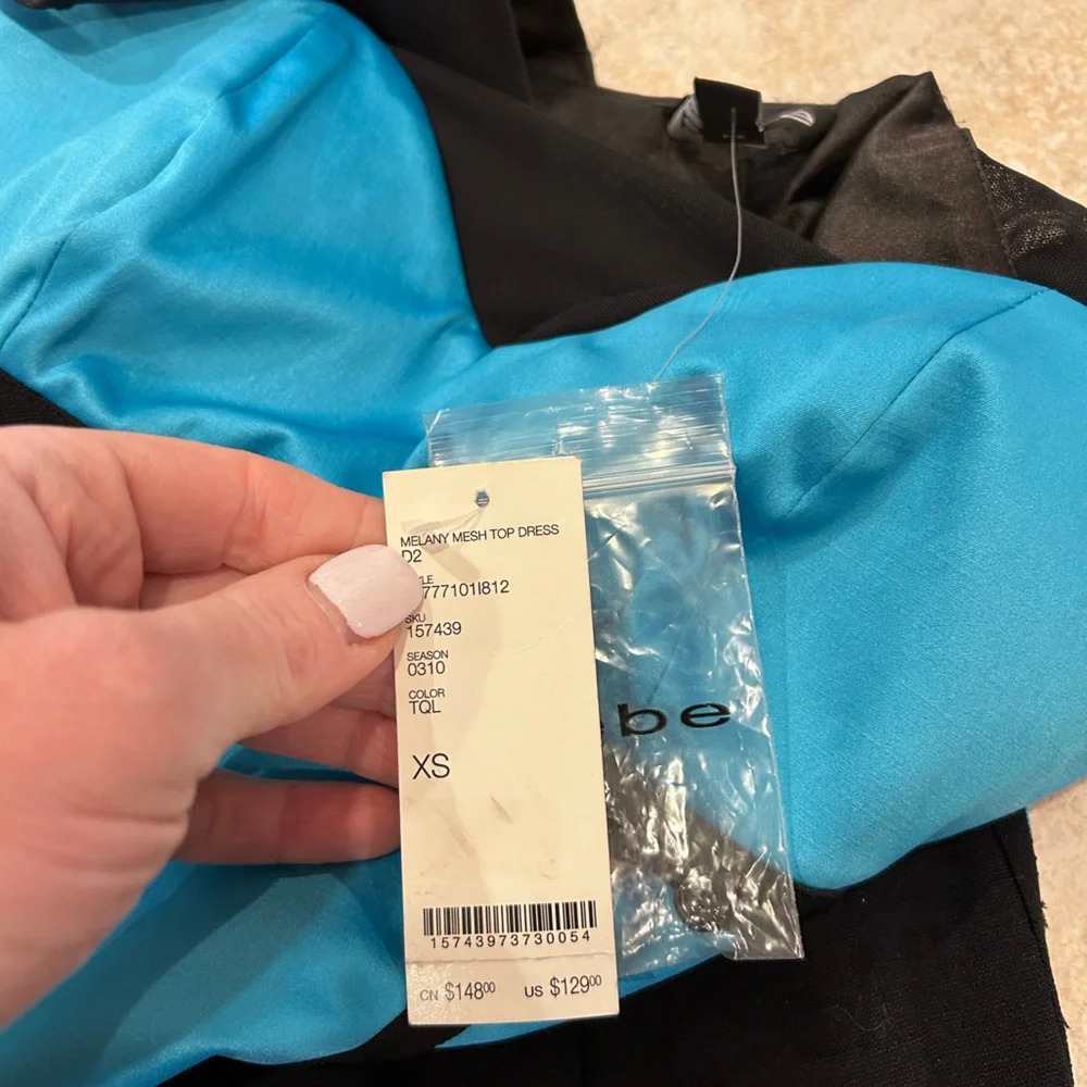 Bebe Melany Mesh Satin Stretch Turquoise Blue and Black Bodycon Pencil Dress XS - Picture 11 of 16